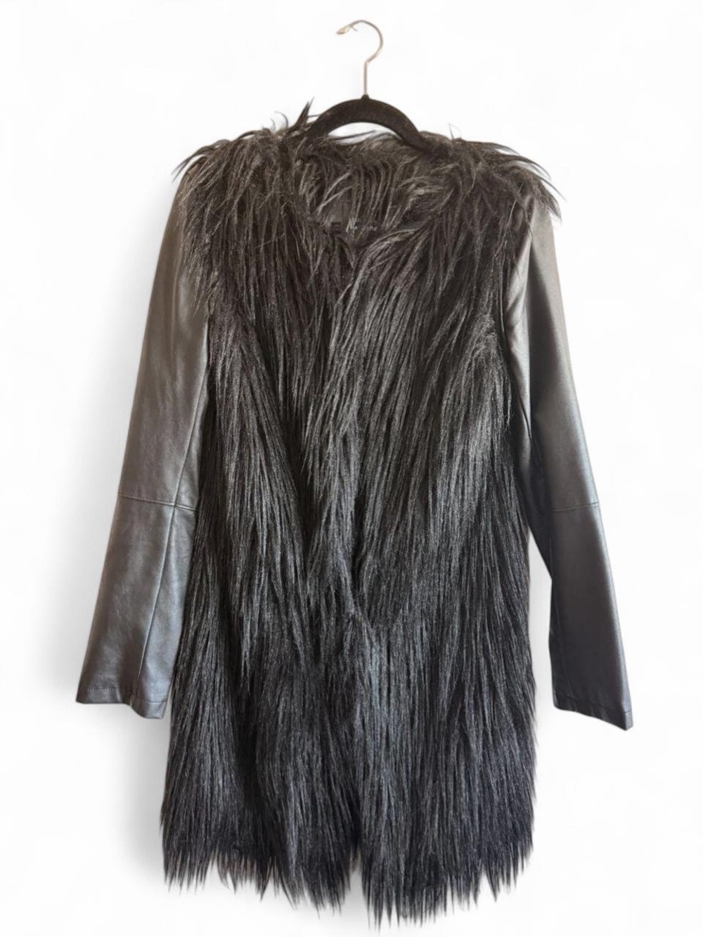 Guess by Marciano Black Faux Fur Body with Leather Detachable Sleeves Coat Vest